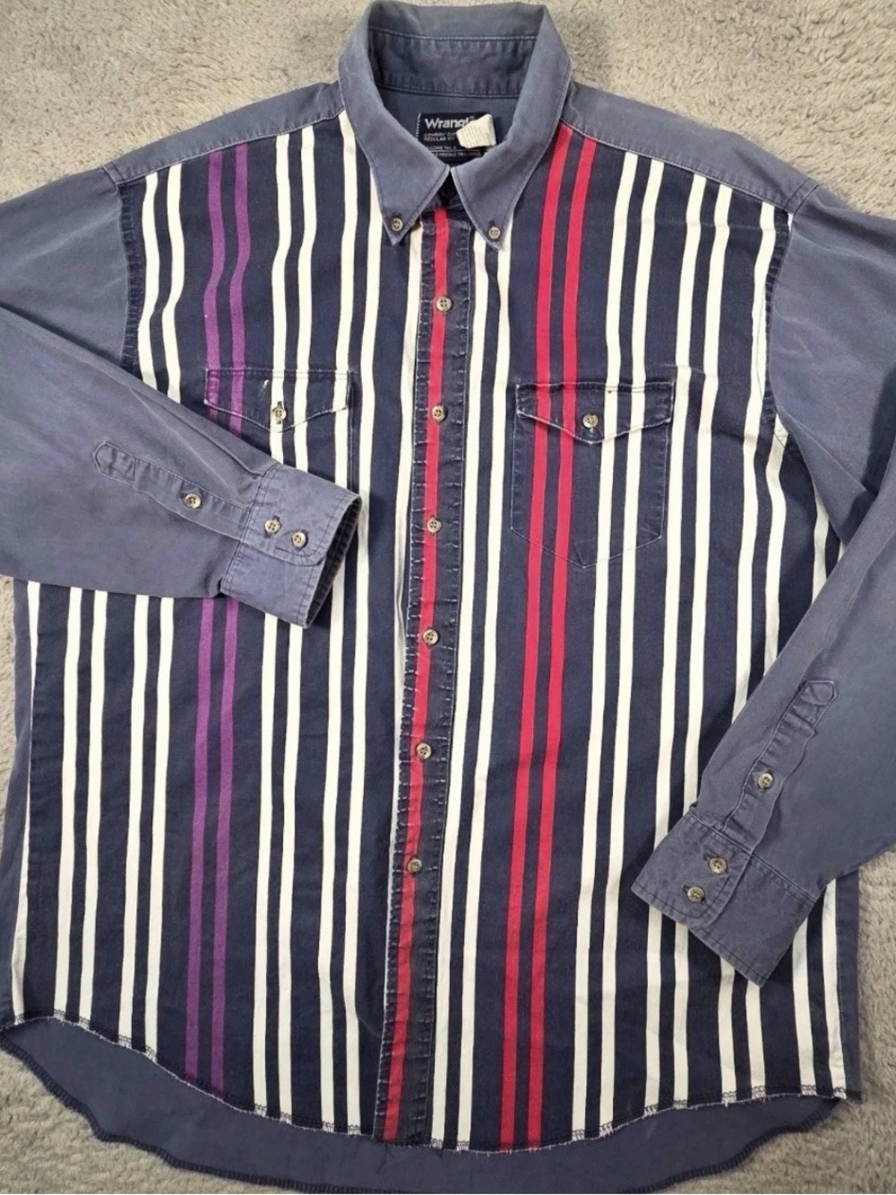 Wrangler Vertical Stripe Button-Down Shirt in Navy, White, Red and Purple